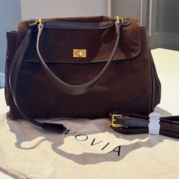 vovia Handbags - Vovia Dark Brown Suede Satchel with Gold Hardware